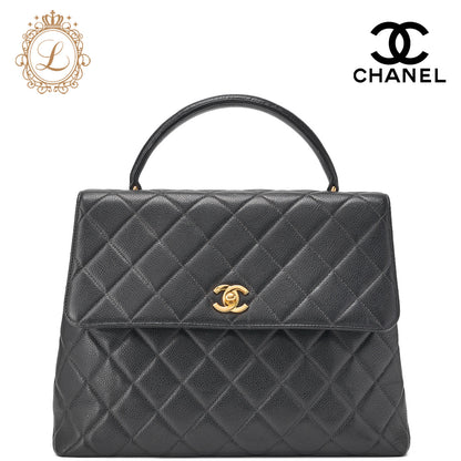 CHANEL Handbag Matelasse Turn Lock Caviar Skin Black Gold-Tone Hardware Pre-Owned - Vintage La Charme