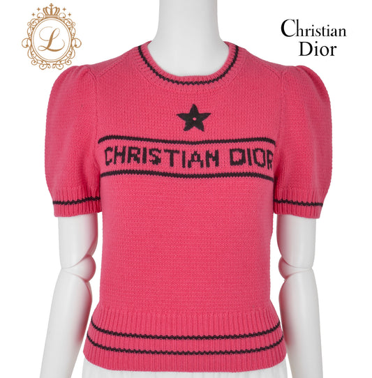 Dior T-Shirt, Kurzarm, Schnittmuster, Woll-Kaschmir-Mischung, Pink, silberfarbene Metallteile, gebraucht