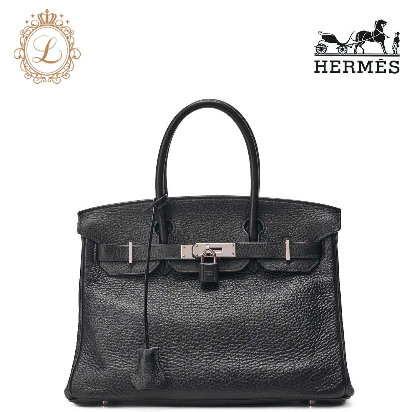 HERMES Birkin 30 Handbag Tryon Clemence Black Silver-Tone Hardware Pre-Owned - Vintage La Charme