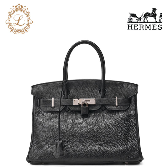 HERMES Birkin 30 Handbag Tryon Clemence Black Silver-Tone Hardware Pre-Owned - Vintage La Charme