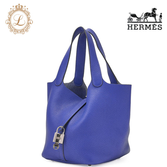 HERMES Picotin Lock MM Handbag, Tryon Clemence, Blue Electric, Silver-Tone Hardware, Pre-Owned - Vintage La Charme