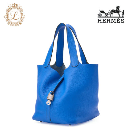 HERMES Picotin Rock MM Handbag Tryon Clemence Blue Hydra Silver-Tone Hardware Pre-Owned - Vintage La Charme
