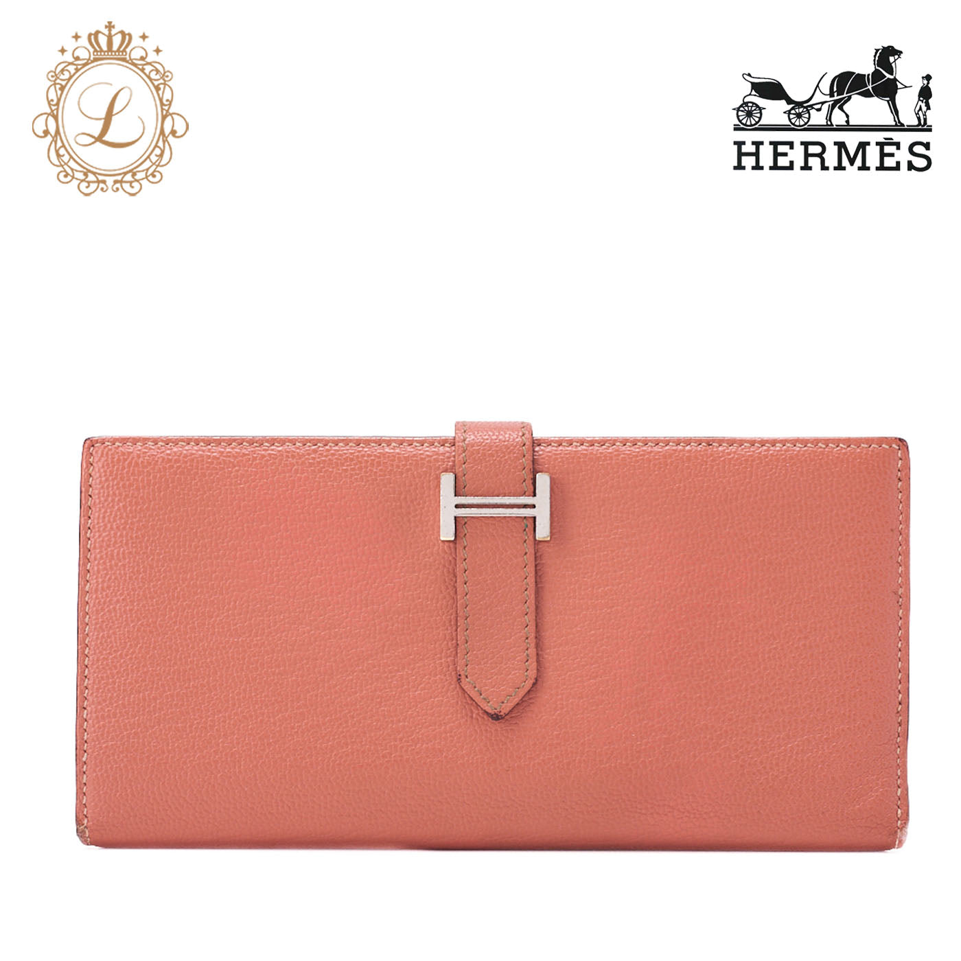 HERMES Bearn Soufflet Bi-fold Long Wallet Chèvre Crevette Silver-Tone Hardware Pre-Owned - Vintage La Charme