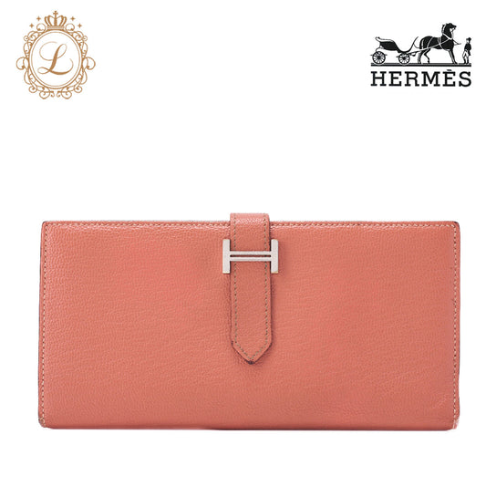 HERMES Bearn Soufflet Bi-fold Long Wallet Chèvre Crevette Silver-Tone Hardware Pre-Owned - Vintage La Charme