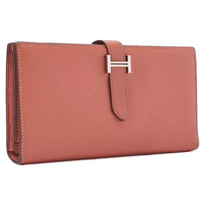 HERMES Bearn Soufflet Bi-fold Long Wallet Chèvre Crevette Silver-Tone Hardware Pre-Owned - Vintage La Charme
