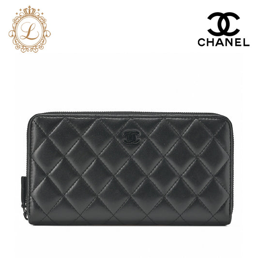CHANEL Long Wallet Matelasse Lambskin Black Gold-Tone Hardware Pre-Owned - Vintage La Charme
