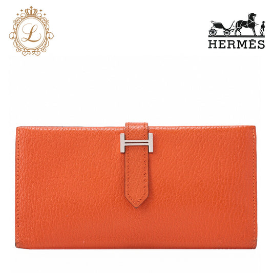 HERMES Bairn Classic Bi-Fold Long Wallet, Chèvre, Orange, Silver-Tone Hardware, Pre-Owned - Vintage La Charme
