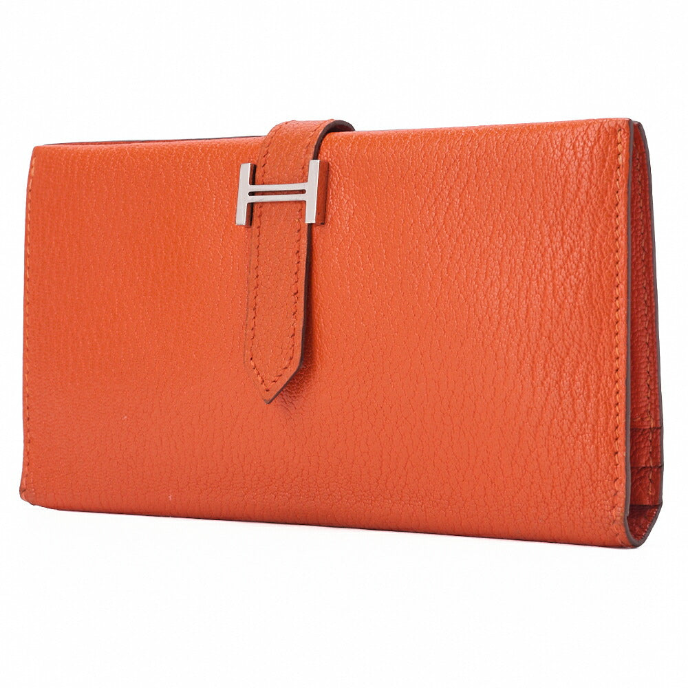HERMES Bairn Classic Bi-Fold Long Wallet, Chèvre, Orange, Silver-Tone Hardware, Pre-Owned - Vintage La Charme