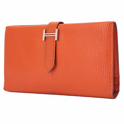 HERMES Bairn Classic Bi-Fold Long Wallet, Chèvre, Orange, Silver-Tone Hardware, Pre-Owned - Vintage La Charme