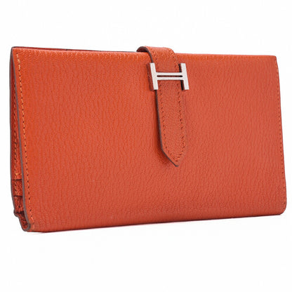 HERMES Bairn Classic Bi-Fold Long Wallet, Chèvre, Orange, Silver-Tone Hardware, Pre-Owned - Vintage La Charme