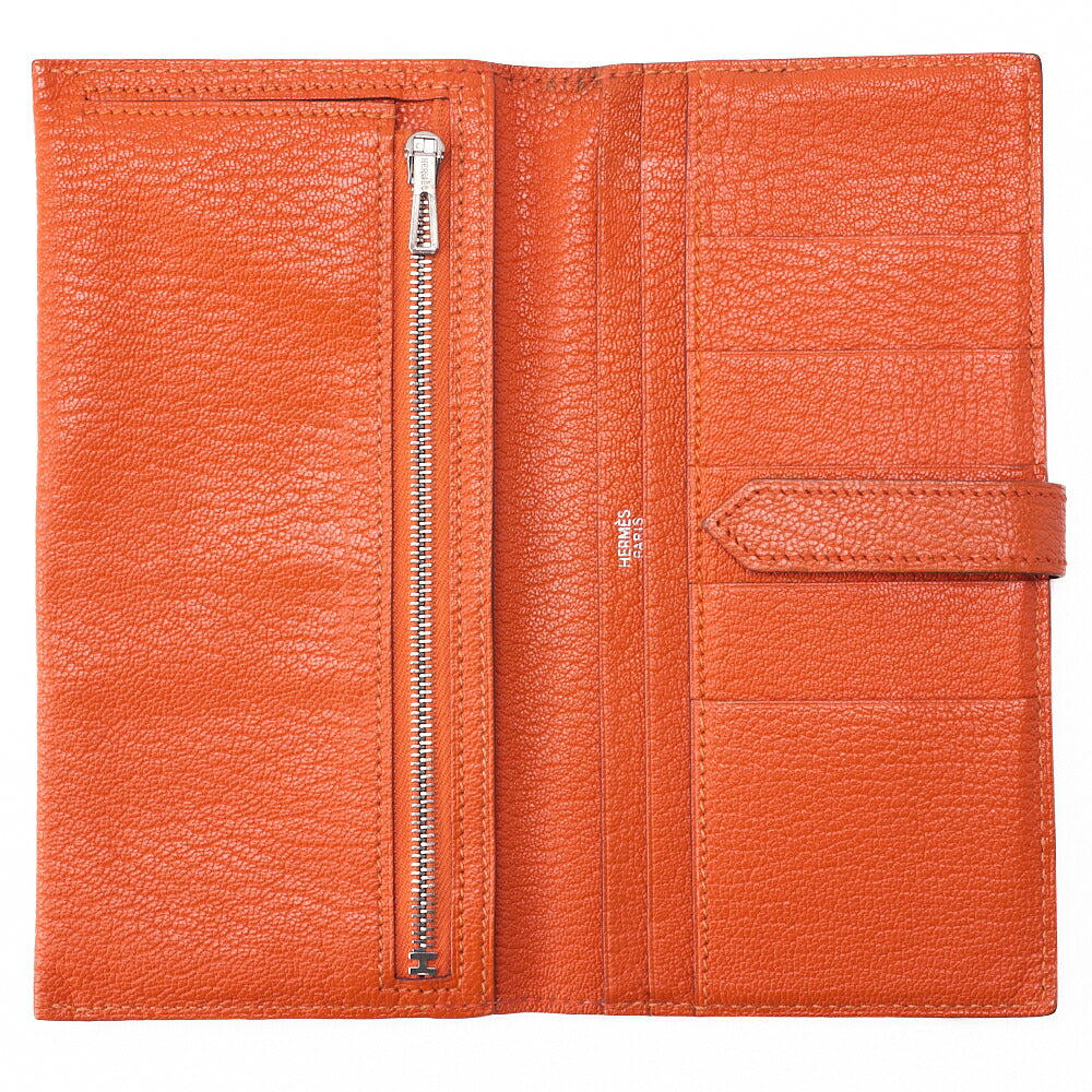 HERMES Bairn Classic Bi-Fold Long Wallet, Chèvre, Orange, Silver-Tone Hardware, Pre-Owned - Vintage La Charme