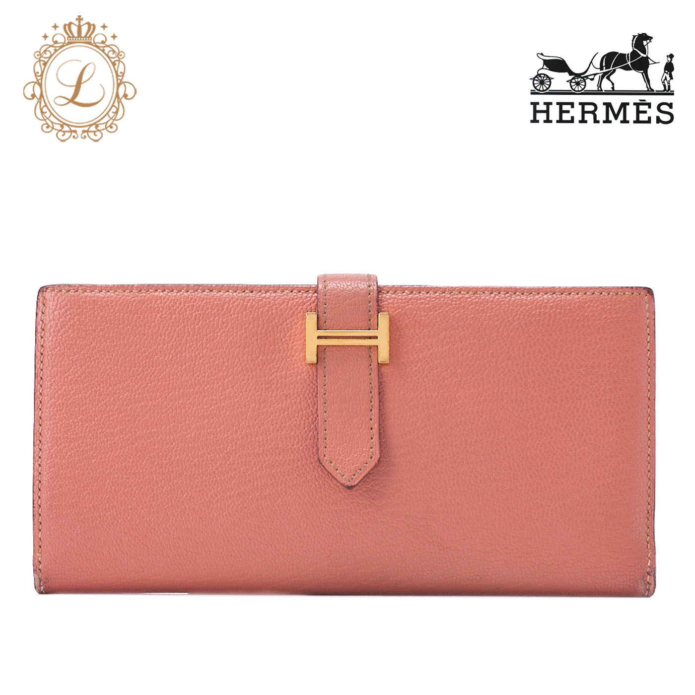 HERMES Bairn Classic Bi-fold Long Wallet Chèvre Crevette Pink Gold-Tone Hardware Pre-Owned - Vintage La Charme