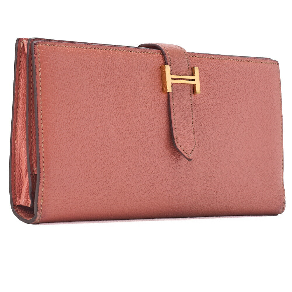 HERMES Bairn Classic Bi-fold Long Wallet Chèvre Crevette Pink Gold-Tone Hardware Pre-Owned - Vintage La Charme