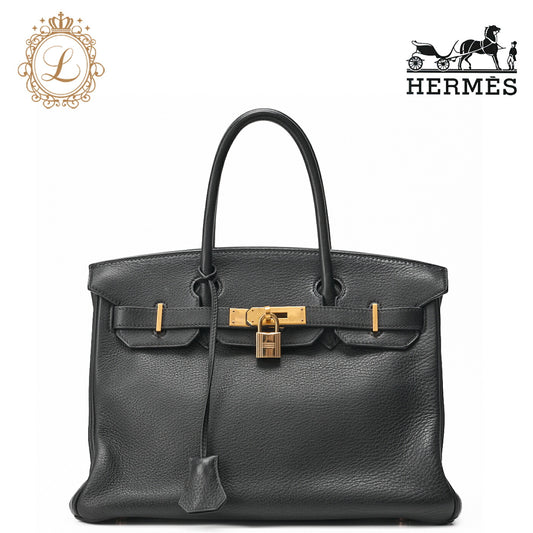 HERMES Birkin 30 Handbag Tryon Clemence Black Gold-Tone Hardware Pre-Owned - Vintage La Charme