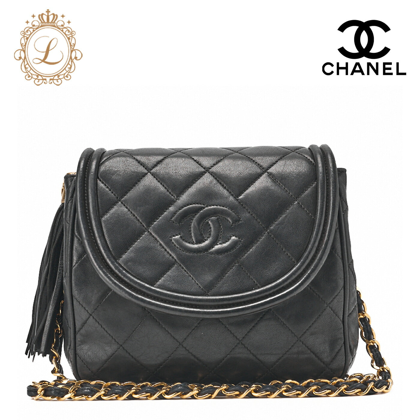 CHANEL Shoulder Bag Matelasse Outside Flap Fringe Chain Shoulder Lambskin Black Gold-Tone Hardware Pre-Owned - Vintage La Charme