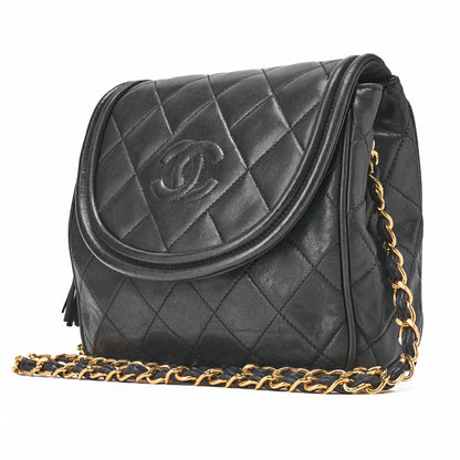 CHANEL Shoulder Bag Matelasse Outside Flap Fringe Chain Shoulder Lambskin Black Gold-Tone Hardware Pre-Owned - Vintage La Charme
