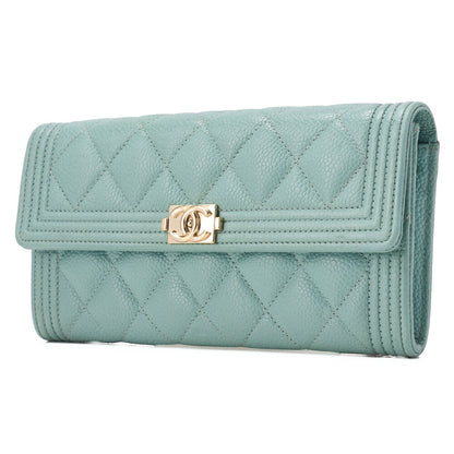 CHANEL Boy Chanel Matelasse Bi-Fold Long Wallet Caviar Skin Mint Green Gold-Tone Hardware Pre-Owned - Vintage La Charme
