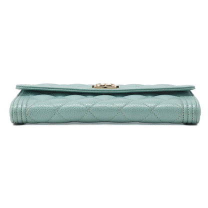 CHANEL Boy Chanel Matelasse Bi-Fold Long Wallet Caviar Skin Mint Green Gold-Tone Hardware Pre-Owned - Vintage La Charme