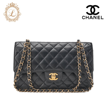 CHANEL Shoulder Bag, Matelasse Turn Lock Double Flap, Caviar Skin, Black, Gold-Tone Hardware, Pre-Owned - Vintage La Charme