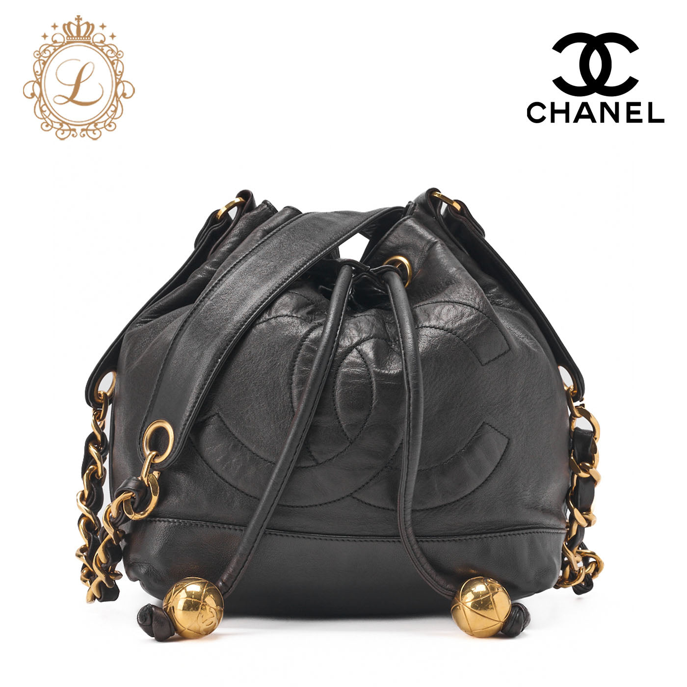 CHANEL Shoulder Bag Drawstring Type Coco Mark Lambskin Black Gold-Tone Hardware Pre-Owned - Vintage La Charme