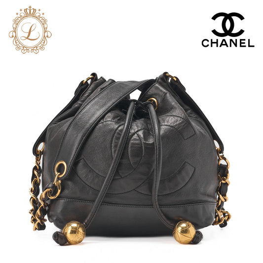 CHANEL Shoulder Bag Drawstring Type Coco Mark Lambskin Black Gold-Tone Hardware Pre-Owned - Vintage La Charme