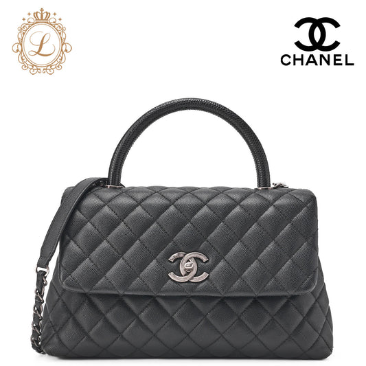 Chanel Shoulder Bag Matelasse Coco Handle 2WAY Caviar Skin Black Silver-Tone Hardware Pre-Owned - Vintage La Charme