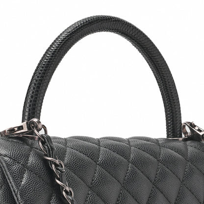 Chanel Shoulder Bag Matelasse Coco Handle 2WAY Caviar Skin Black Silver-Tone Hardware Pre-Owned - Vintage La Charme