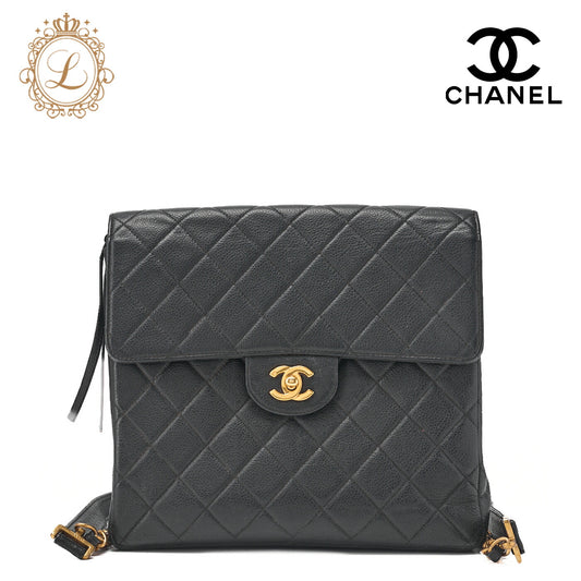 CHANEL Chain Backpack Bag, Matelasse, Turn Lock, Caviar Skin, Black, Gold-Tone Hardware, Pre-Owned - Vintage La Charme