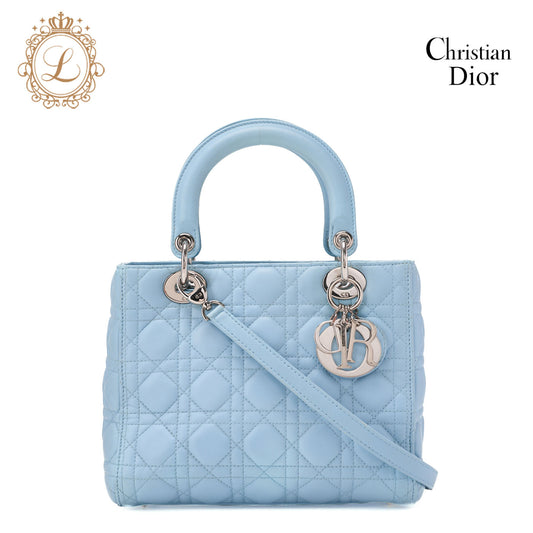 Dior Lady Dior Cannage 2WAY Handbag Lambskin Light Blue Silver-Tone Hardware Pre-Owned - Vintage La Charme