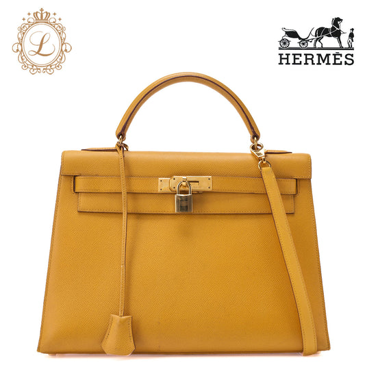 HERMES Kelly 32 Handbag, Kushbel Yellow, Gold-Tone Hardware, Pre-Owned - Vintage La Charme