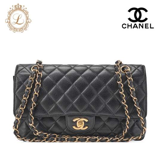 CHANEL Chain Shoulder Bag Matelasse Double Flap Caviar Skin Black Gold-Tone Hardware Pre-Owned - Vintage La Charme