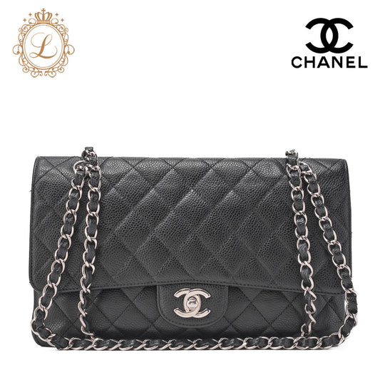 CHANEL Chain Shoulder Bag Matelasse Double Flap Caviar Skin Black Silver-Tone Hardware Pre-Owned - Vintage La Charme