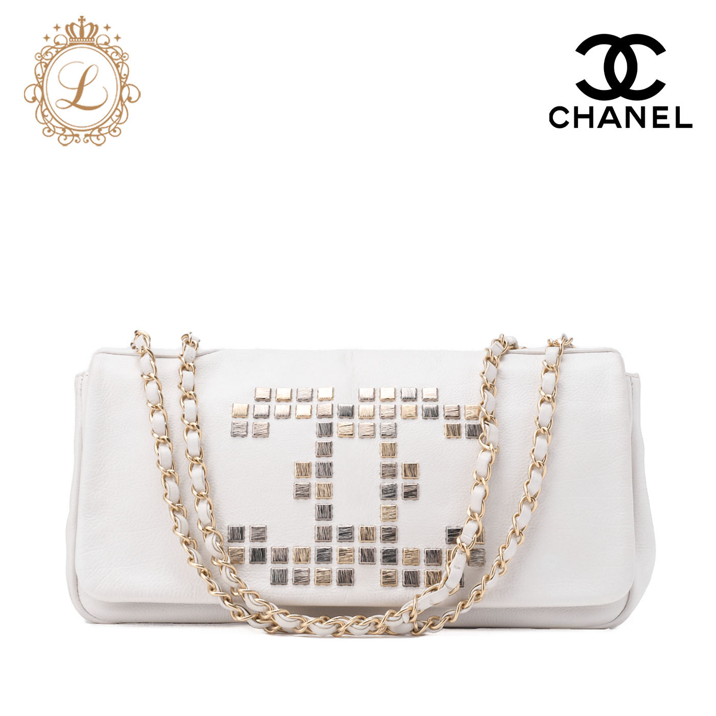 CHANEL Shoulder Bag Coco Mark Studded Full Flap Leather White Gold-Tone Hardware Pre-Owned - Vintage La Charme