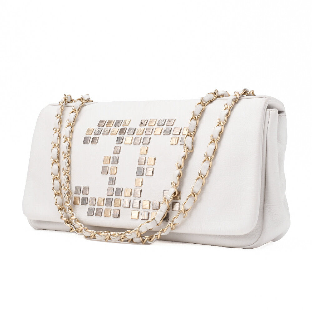 CHANEL Shoulder Bag Coco Mark Studded Full Flap Leather White Gold-Tone Hardware Pre-Owned - Vintage La Charme