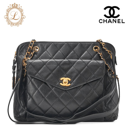 CHANEL Shoulder Bag, Matelasse Outside Flap, Caviar Skin, Black, Gold-Tone Hardware, Pre-Owned - Vintage La Charme