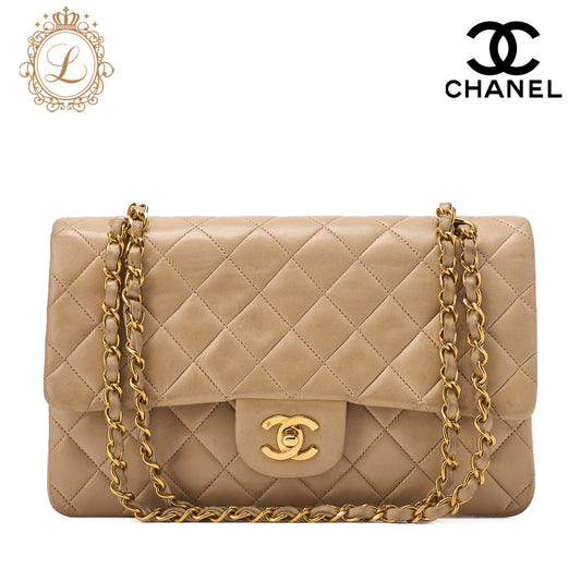 CHANEL Chain Shoulder Bag Matelasse 25cm Double Flap Lambskin Beige Gold Metal Fittings Women's Bag Brand [Used] - Vintage La Charme