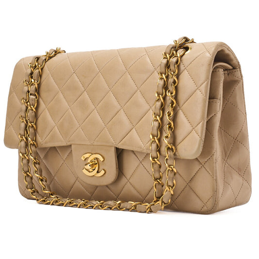 CHANEL Chain Shoulder Bag Matelasse 25cm Double Flap Lambskin Beige Gold Metal Fittings Women's Bag Brand [Used] - Vintage La Charme