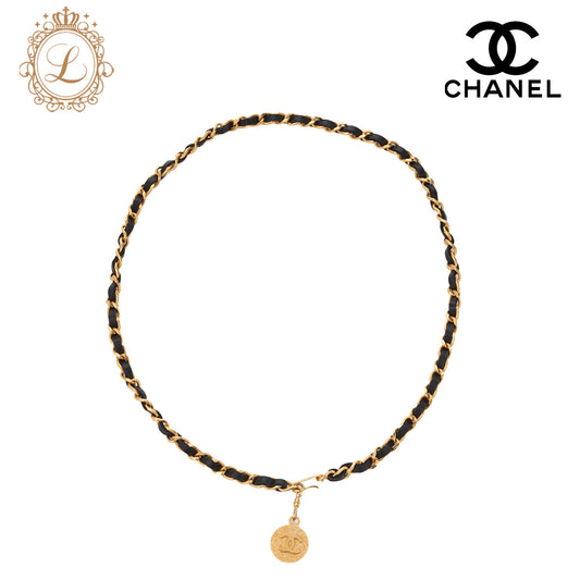 CHANEL Coco Mark Chain Belt GP× Leather Black × Gold (Gold Plated) Gold Chain Belt Earrings Women's Earrings Women's Bag High Brand [Used] - Vintage La Charme