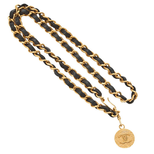 CHANEL Coco Mark Chain Belt GP× Leather Black × Gold (Gold Plated) Gold Chain Belt Earrings Women's Earrings Women's Bag High Brand [Used] - Vintage La Charme