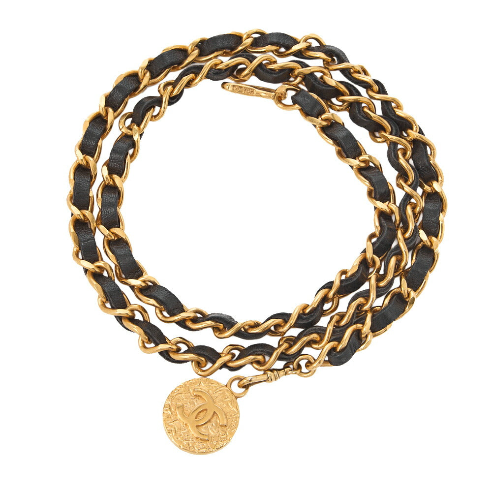 CHANEL Coco Mark Chain Belt GP× Leather Black × Gold (Gold Plated) Gold Chain Belt Earrings Women's Earrings Women's Bag High Brand [Used] - Vintage La Charme