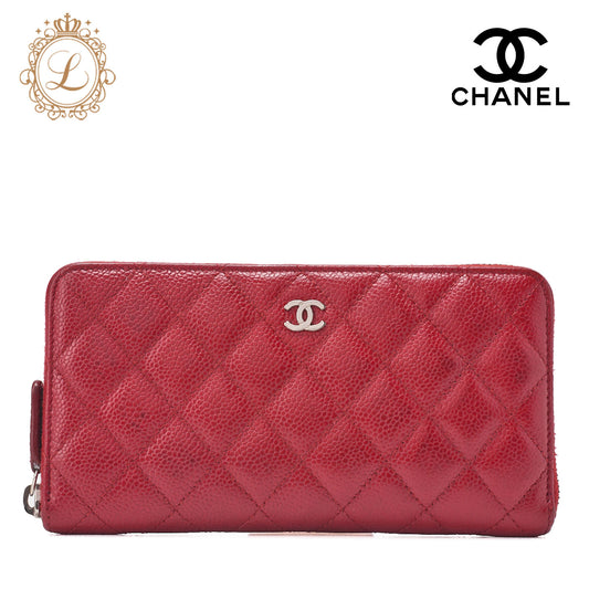 CHANEL Round Wallet Matelasse Caviar Leather Red Silver-Tone Hardware Pre-Owned - Vintage La Charme