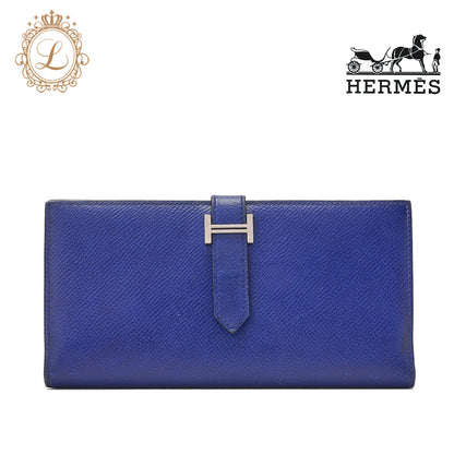 HERMES Bearn Soufflet Bi-fold Long Wallet Epson Blue Electric Gold-Tone Hardware Pre-Owned - Vintage La Charme