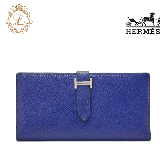 HERMES Bearn Soufflet Bi-fold Long Wallet Epson Blue Electric Gold-Tone Hardware Pre-Owned - Vintage La Charme