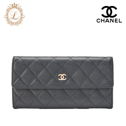 CHANEL Round Long Wallet, Matelasse, Caviar Skin, Black, Gold-Tone Hardware, Pre-Owned - Vintage La Charme