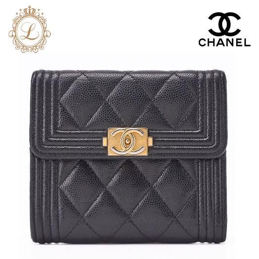 CHANEL Boy Chanel Matelasse Tri-Fold Compact Wallet Caviar Skin Black Gold-Tone Hardware Pre-Owned - Vintage La Charme