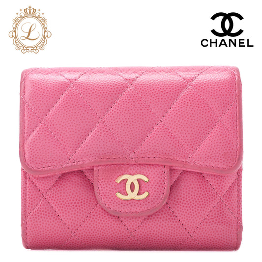 CHANEL Tri-Fold Compact Wallet, Matelasse, Caviar Skin, Pink, Gold-Tone Hardware, Pre-Owned - Vintage La Charme