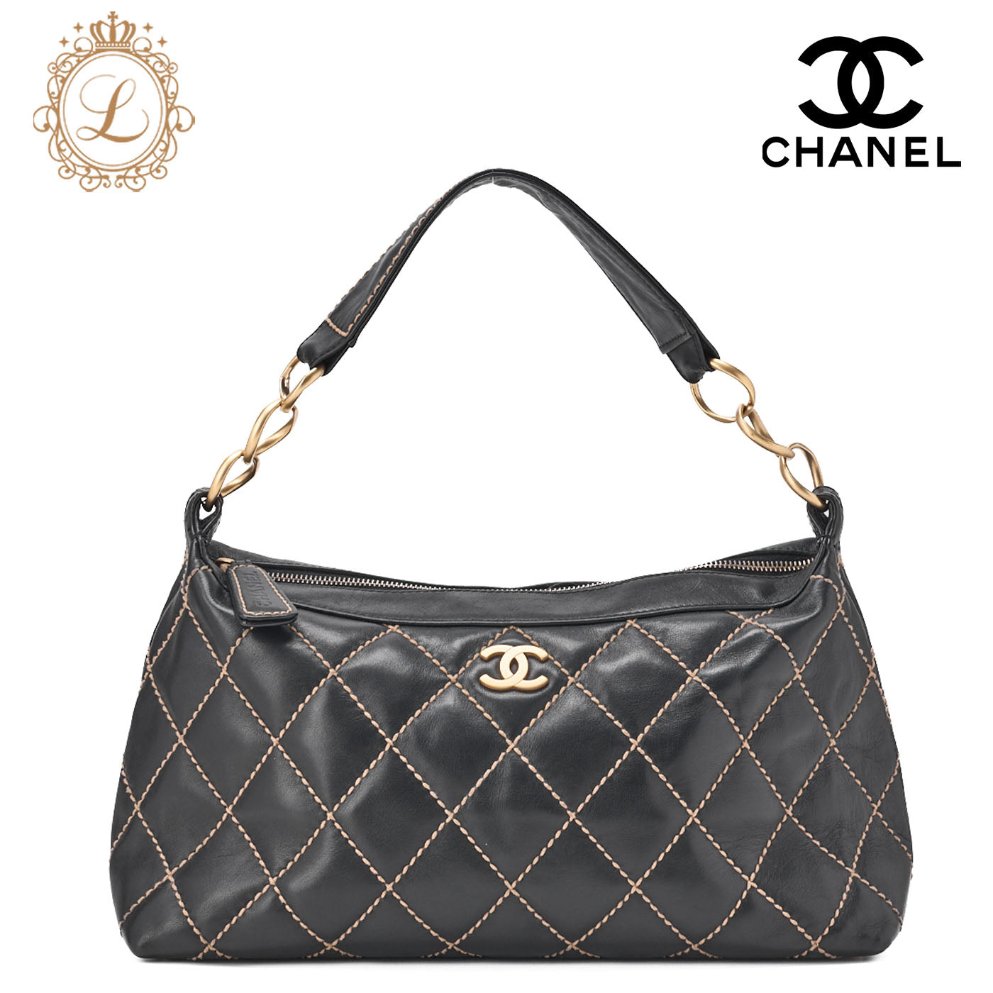 CHANEL Shoulder Bag, Coco Mark Wild Stitch, Calfskin, Black, Gold-Tone Hardware, Pre-Owned - Vintage La Charme