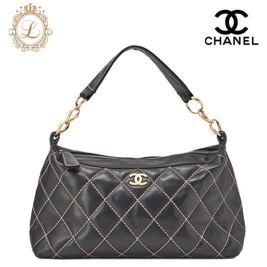 CHANEL Shoulder Bag, Coco Mark Wild Stitch, Calfskin, Black, Gold-Tone Hardware, Pre-Owned - Vintage La Charme