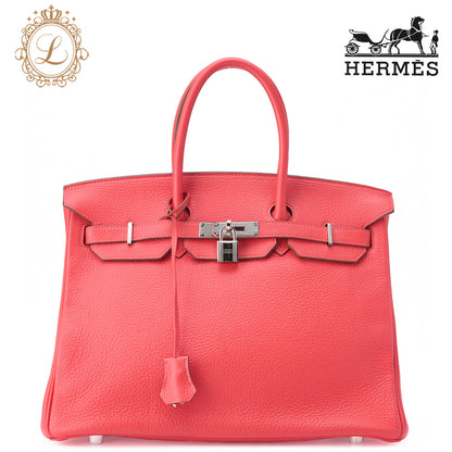 HERMES Birkin 35 Handbag Tryon Clemence Rouge Pivoine Silver-Tone Hardware Pre-Owned - Vintage La Charme