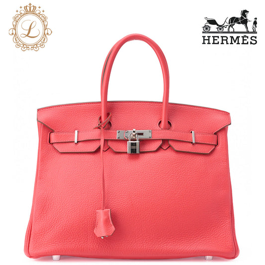 HERMES Birkin 35 Handbag Tryon Clemence Rouge Pivoine Silver-Tone Hardware Pre-Owned - Vintage La Charme